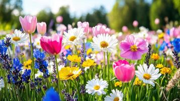 Soft-focus wildflower field under a pastel sky with blooming flowers in various colors photo