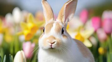 Easter bunnies hopping joyfully among colorful tulips in a vibrant spring garden photo