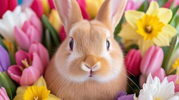 Soft-focus view of playful Easter bunnies frolicking among colorful spring flowers photo