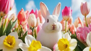 Soft-focus Easter bunnies hopping among vibrant tulips and daffodils in a sunny spring garden photo