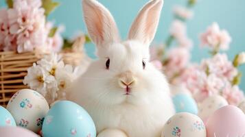 Soft pastel background with a fluffy white rabbit surrounded by decorated eggs and cherry blossoms photo