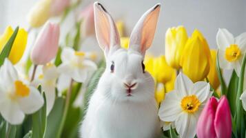 Easter bunnies hopping among colorful tulips and daffodils in a spring garden photo