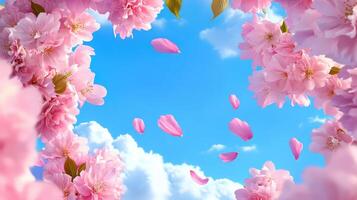 Serene spring day featuring delicate pink cherry blossoms under a bright blue sky with fluffy clouds photo