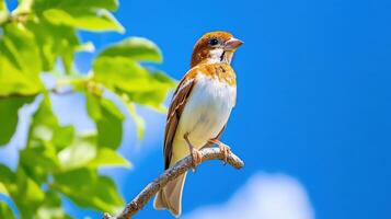 Bird perched on a high branch singing in bright blue sky during sunny day photo