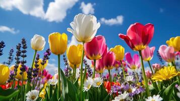 Serene wildflower meadow bursting with pastel-colored blooms under a bright blue sky on a sunny day photo