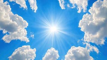 Bright blue sky illuminated by sunlight filtering through fluffy white clouds in a serene spring atmosphere photo