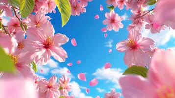 Cherry blossoms bloom under a bright blue sky with scattered petals in springtime photo