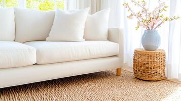 Spring-inspired living room showcasing a cozy white sofa and elegant floral accents for a serene atmosphere photo