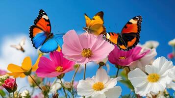 Serene spring garden filled with colorful butterflies fluttering among blooming flowers under a clear blue sky photo
