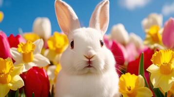 Easter bunnies hopping through colorful flowers in a vibrant spring garden landscape photo