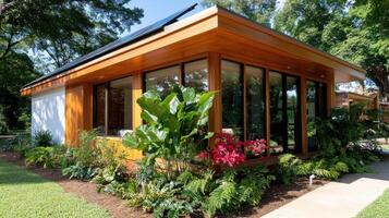Sustainable cabin nestled in the woods shines with solar energy amidst lush greenery photo