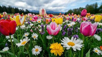 Serene wildflower meadow adorned with pastel-colored blooms under a cloudy sky in springtime photo
