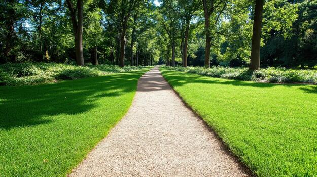 Serene forest path bathed in sunlight with soft shadows from trees and lush greenery alongside photo