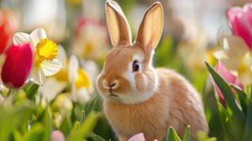 Soft-focus view of Easter bunnies happily hopping among colorful flowers in a vibrant spring garden photo