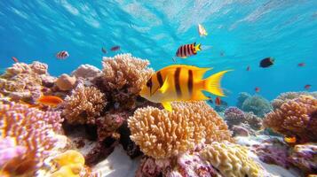 Vibrant coral reef teeming with colorful fish swimming in crystalline blue waters photo