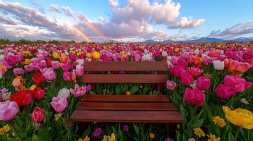 Vibrant rainbow spans over a colorful tulip field with a wooden bench under a beautiful sky photo