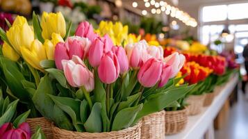 Vibrant spring farmers market showcasing colorful tulips and fresh produce on a sunny day photo