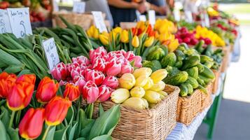 Vibrant spring farmers market with colorful stalls filled with fresh produce and flowers in full bloom photo