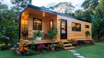 Stylish solar-powered tiny home surrounded by vibrant flowers and lush greenery in a serene setting photo