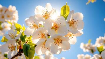 Spring orchard in full bloom with soft golden sunlight illuminating delicate white blossoms photo