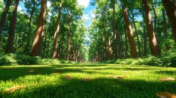 Winding sun-kissed pathway inviting exploration through a vibrant forest filled with lush greenery and dappled light photo