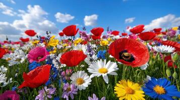 Vibrant wildflower meadow showcasing a stunning array of colors under a bright blue sky with fluffy white clouds photo