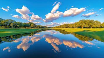 Tranquil lake reflecting warm hues of sunset against a picturesque landscape of trees and clouds photo