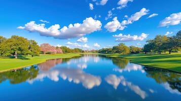 Tranquil lake reflecting warm hues and fluffy clouds under a bright blue sky during a serene afternoon photo