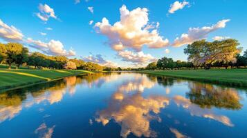 Tranquil lake reflecting warm hues of sunset with serene clouds above and lush greenery along the shores photo