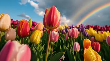 Vibrant rainbow arches over a colorful field of tulips under a partly cloudy sky photo