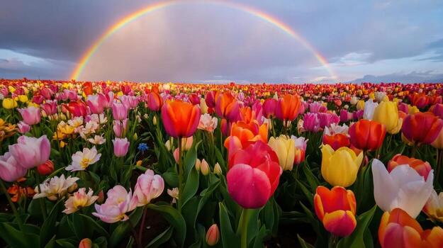 Vibrant rainbow arching over a vast field of colorful tulips during a spring bloom at sunset photo