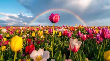 Vibrant rainbow arches over a vast field of blooming tulips under a cloudy sky in springtime photo
