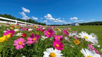Vibrant spring landscape featuring colorful wildflowers and a rustic barn under a bright blue sky photo