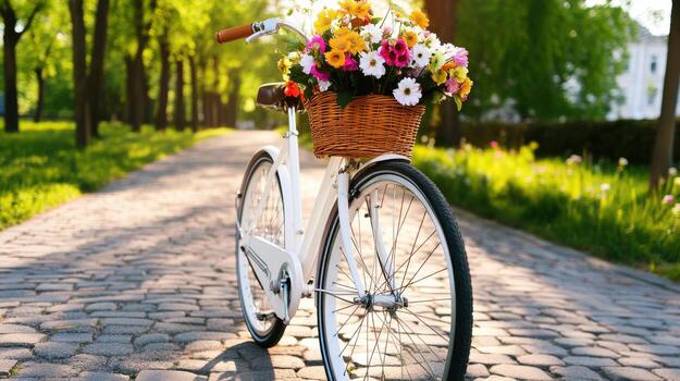 Vintage bicycle with a wicker basket filled with colorful flowers on a sunlit cobblestone path in a park during springtime photo
