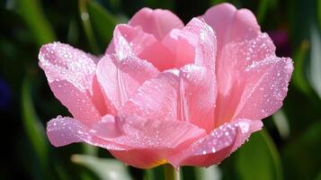 Macro shot captures the beauty of a delicate pink tulip adorned with water droplets in a vibrant garden during spring photo