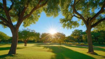 Spring Equinox morning sunlight breaking through trees in a lush green park setting photo