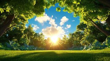 Symbolic Spring Equinox featuring the sun shining through lush greenery in a vibrant forest setting photo
