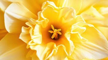 Close-up view of a golden daffodil showcasing intricate petal details and vibrant yellow color in springtime garden setting photo