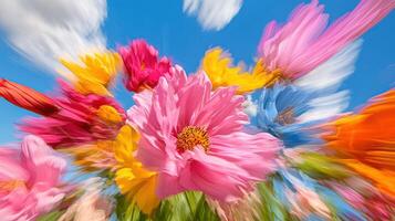 Wind-swept meadow displaying vibrant wildflowers under a clear blue sky photo