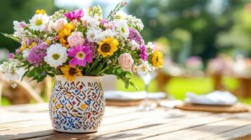 Vibrant vase of mixed flowers on a wooden table in a sunny outdoor setting photo