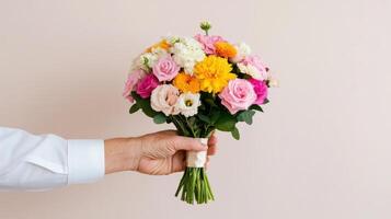 Elderly man hands a colorful bouquet of flowers with care in a soft, neutral setting photo