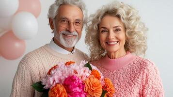 Elderly couple joyfully celebrating with flowers during a special occasion in a bright indoor setting photo