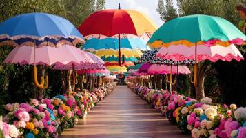 Colorful umbrellas brighten a whimsical spring pathway lined with vibrant flowers in a sunny outdoor setting photo