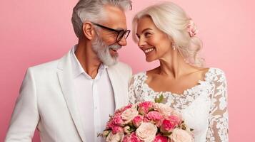Elderly couple celebrates love and joy with flowers in a cheerful setting photo