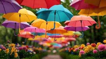 Whimsical spring garden adorned with colorful umbrellas and blooming flowers photo