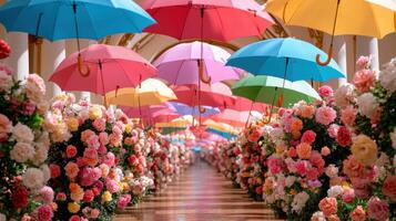 Whimsical spring display with colorful umbrellas and blooming flowers in a vibrant setting photo