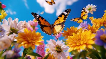 Whimsical spring garden alive with colorful butterflies and blooming flowers under a bright blue sky photo