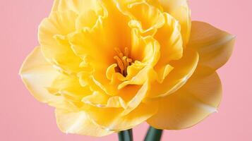 Golden daffodil blooms in stunning detail against a soft pink backdrop showcasing its elegance and beauty in early spring photo