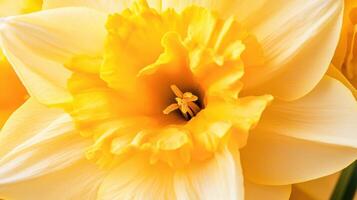 Close-up of a vibrant golden daffodil showcasing intricate petal details and reproductive structures in a lush garden setting photo