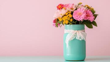 Brightly colored flowers in a mason jar against a soft pink background in a cozy setting photo